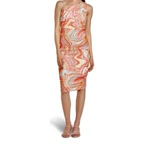 NWT Love By Design Groovy Pastel Swirl Ruched One Shoulder Midi Dress Size M
